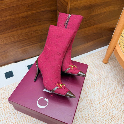 GUCCI 26S ANKLE BOOTS 85 MM IN DARK RED GG CANVAS AND BROWN CALFSKIN