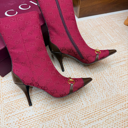 GUCCI 26S ANKLE BOOTS 85 MM IN DARK RED GG CANVAS AND BROWN CALFSKIN