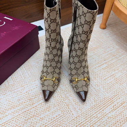 GUCCI 26S ANKLE BOOTS 85 MM IN BEIGE GG CANVAS AND BROWN CALFSKIN