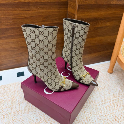 GUCCI 26S ANKLE BOOTS 85 MM IN BEIGE GG CANVAS AND BROWN CALFSKIN
