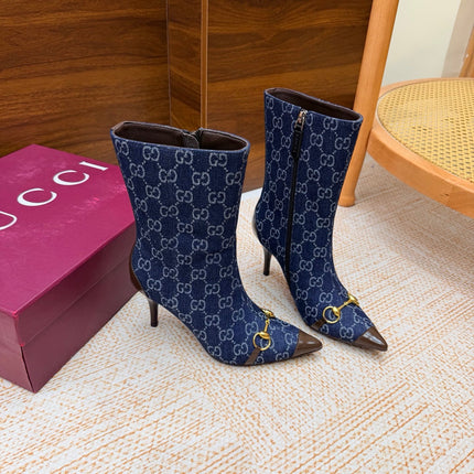 GUCCI 26S ANKLE BOOTS 85 MM IN BLUE DENIM AND BROWN CALFSKIN