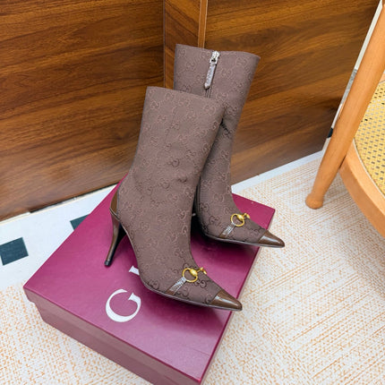 GUCCI 26S ANKLE BOOTS 85 MM IN DARK BROWN GG CANVAS AND CALFSKIN