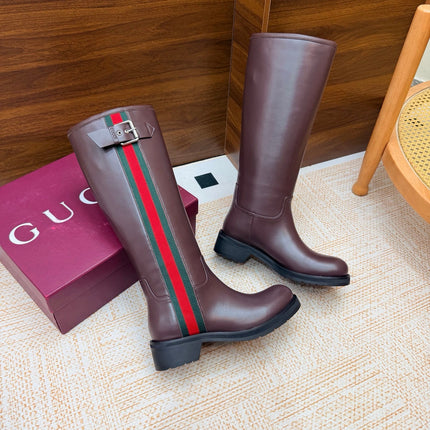 GUCCI 26S KNEE HIGH BOOTS IN BURGUNDY BROWN SMOOTH CALFSKIN