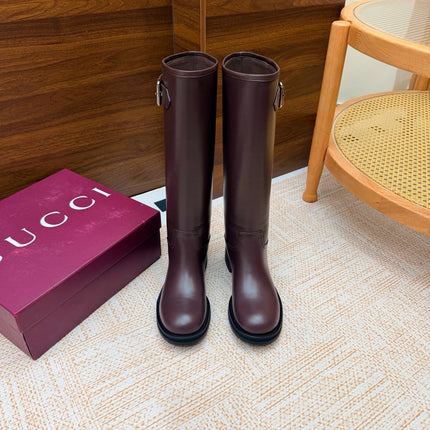 GUCCI 26S KNEE HIGH BOOTS IN BURGUNDY BROWN SMOOTH CALFSKIN