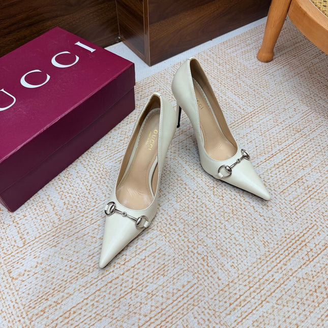 GUCCI 26S HORSEBIT PUMPS 105 MM IN CREAM WHITE SMOOTH CALFSKIN