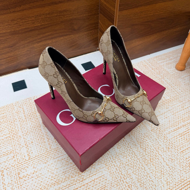 GUCCI 26S HORSEBIT PUMPS 105 MM IN BEIGE GG CANVAS