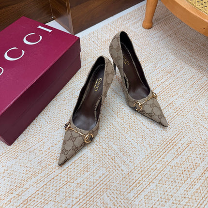 GUCCI 26S HORSEBIT PUMPS 105 MM IN BEIGE GG CANVAS