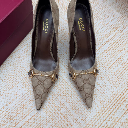 GUCCI 26S HORSEBIT PUMPS 105 MM IN BEIGE GG CANVAS