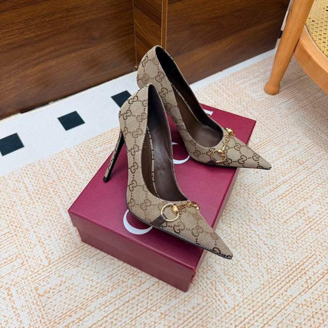GUCCI 26S HORSEBIT PUMPS 105 MM IN BEIGE GG CANVAS