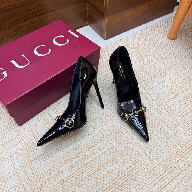GUCCI 26S HORSEBIT PUMPS 105 MM IN BLACK PATENT CALFSKIN