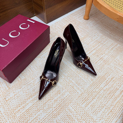 GUCCI 26S HORSEBIT PUMPS 105 MM IN DARK RED PATENT CALFSKIN