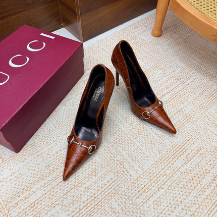 GUCCI 26S HORSEBIT PUMPS 105 MM IN BROWN CROCODILE EMBOSSED LEATHER