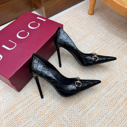 GUCCI 26S HORSEBIT PUMPS 105 MM IN BLACK CROCODILE EMBOSSED LEATHER