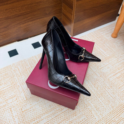 GUCCI 26S HORSEBIT PUMPS 105 MM IN BLACK CROCODILE EMBOSSED LEATHER