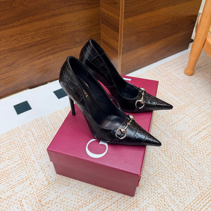 GUCCI 26S HORSEBIT PUMPS 105 MM IN BLACK CROCODILE EMBOSSED LEATHER