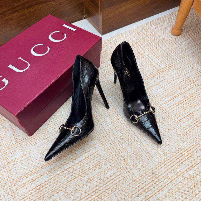 GUCCI 26S HORSEBIT PUMPS 105 MM IN BLACK CROCODILE EMBOSSED LEATHER