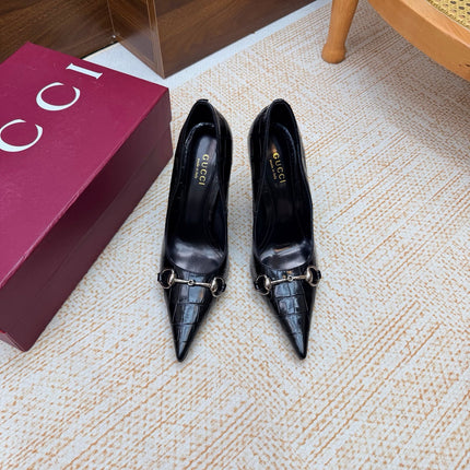 GUCCI 26S HORSEBIT PUMPS 105 MM IN BLACK CROCODILE EMBOSSED LEATHER