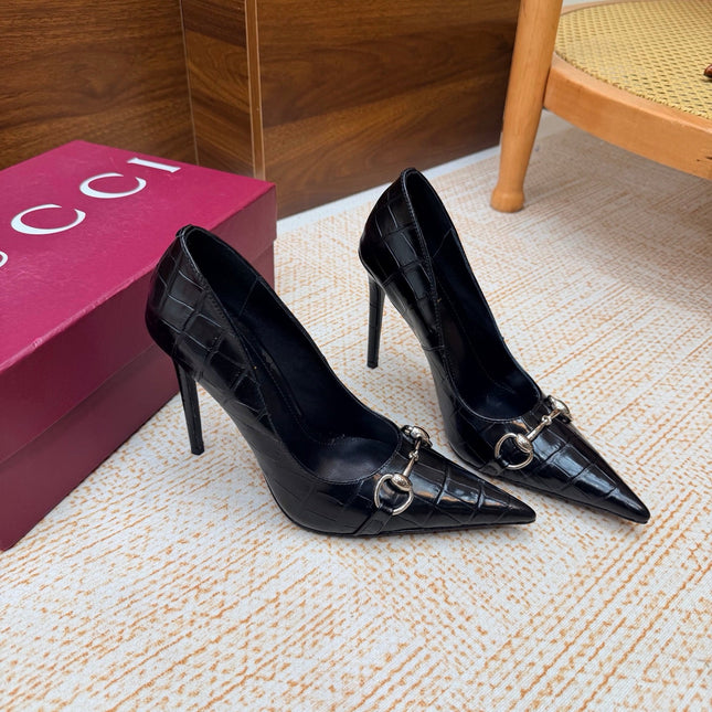 GUCCI 26S HORSEBIT PUMPS 105 MM IN BLACK CROCODILE EMBOSSED LEATHER