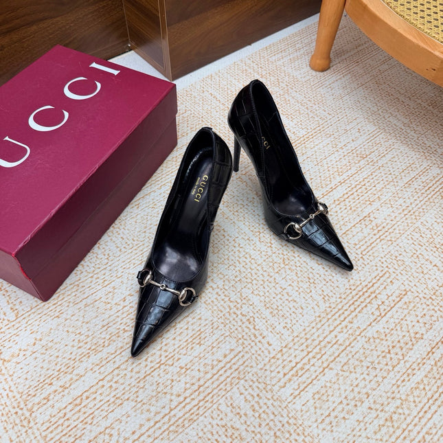 GUCCI 26S HORSEBIT PUMPS 105 MM IN BLACK CROCODILE EMBOSSED LEATHER