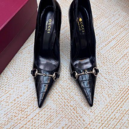 GUCCI 26S HORSEBIT PUMPS 105 MM IN BLACK CROCODILE EMBOSSED LEATHER