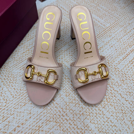 GUCCI 26S HORSEBIT HEEL SANDALS 85 MM IN BEIGE GG CANVAS