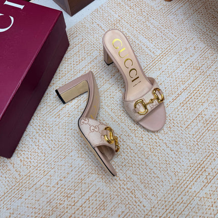 GUCCI 26S HORSEBIT HEEL SANDALS 85 MM IN BEIGE GG CANVAS