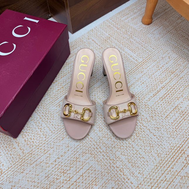 GUCCI 26S HORSEBIT HEEL SANDALS 85 MM IN BEIGE GG CANVAS