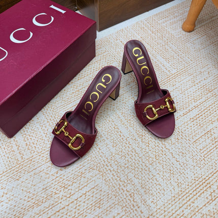 GUCCI 26S HORSEBIT HEEL SANDALS 85 MM IN DARK RED GG CANVAS