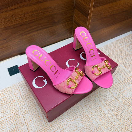 GUCCI 26S HORSEBIT HEEL SANDALS 85 MM IN PINK GG CANVAS