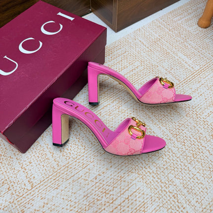 GUCCI 26S HORSEBIT HEEL SANDALS 85 MM IN PINK GG CANVAS