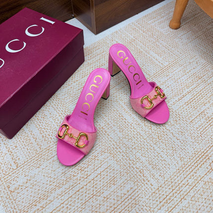 GUCCI 26S HORSEBIT HEEL SANDALS 85 MM IN PINK GG CANVAS