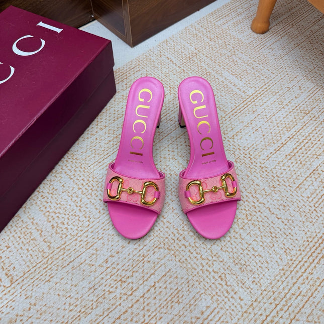 GUCCI 26S HORSEBIT HEEL SANDALS 85 MM IN PINK GG CANVAS