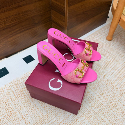 GUCCI 26S HORSEBIT HEEL SANDALS 85 MM IN PINK GG CANVAS