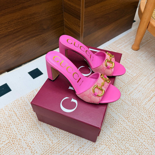 GUCCI 26S HORSEBIT HEEL SANDALS 85 MM IN PINK GG CANVAS
