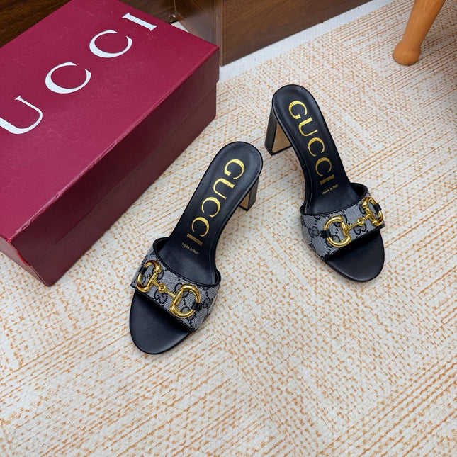 GUCCI 26S HORSEBIT HEEL SANDALS 85 MM IN BLACK MIX GREY GG CANVAS