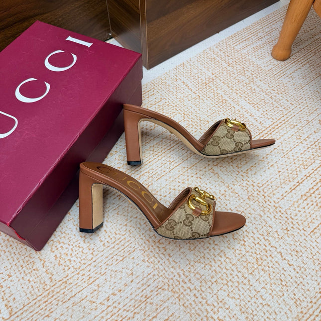 GUCCI 26S HORSEBIT HEEL SANDALS 85 MM IN BROWN MIX BEIGE GG CANVAS
