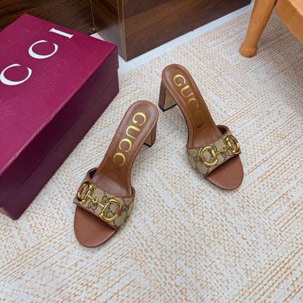 GUCCI 26S HORSEBIT HEEL SANDALS 85 MM IN BROWN MIX BEIGE GG CANVAS