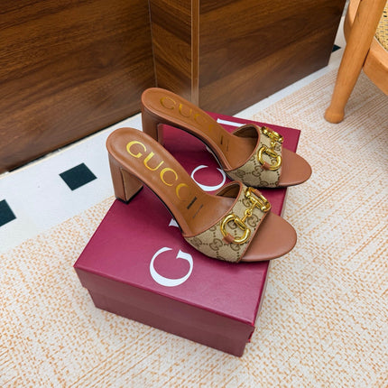 GUCCI 26S HORSEBIT HEEL SANDALS 85 MM IN BROWN MIX BEIGE GG CANVAS