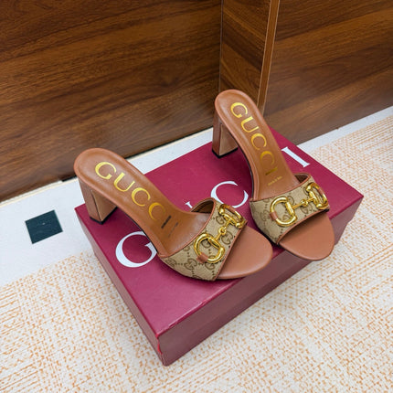 GUCCI 26S HORSEBIT HEEL SANDALS 85 MM IN BROWN MIX BEIGE GG CANVAS