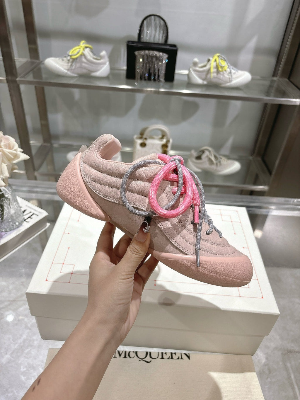 FLEXION SNEAKER IN NUDE PINK CALFSKIN WITH LIGHT PINK AND GREY LACES