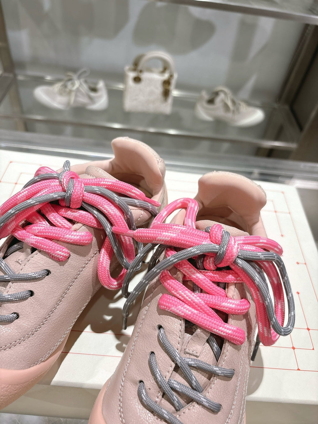 FLEXION SNEAKER IN NUDE PINK CALFSKIN WITH LIGHT PINK AND GREY LACES