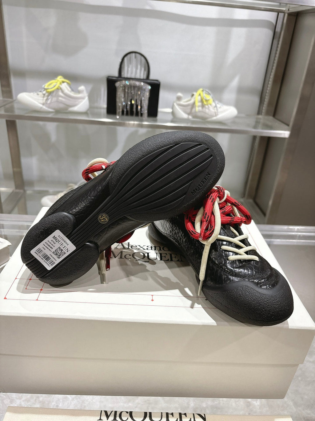 FLEXION SNEAKER IN BLACK CALFSKIN WITH RED AND WHITE LACES
