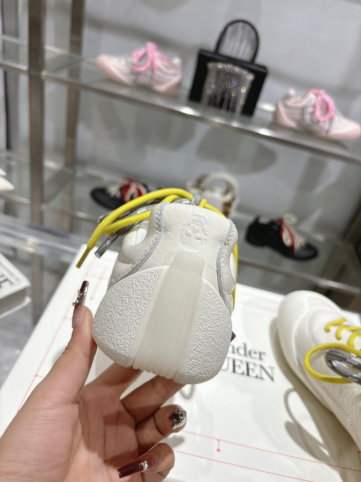 FLEXION SNEAKER IN OFF WHITE CALFSKIN WITH NEON YELLOW AND GREY LACES