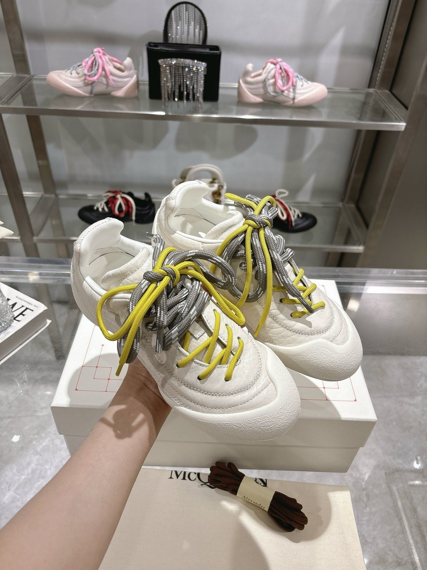 FLEXION SNEAKER IN OFF WHITE CALFSKIN WITH NEON YELLOW AND GREY LACES