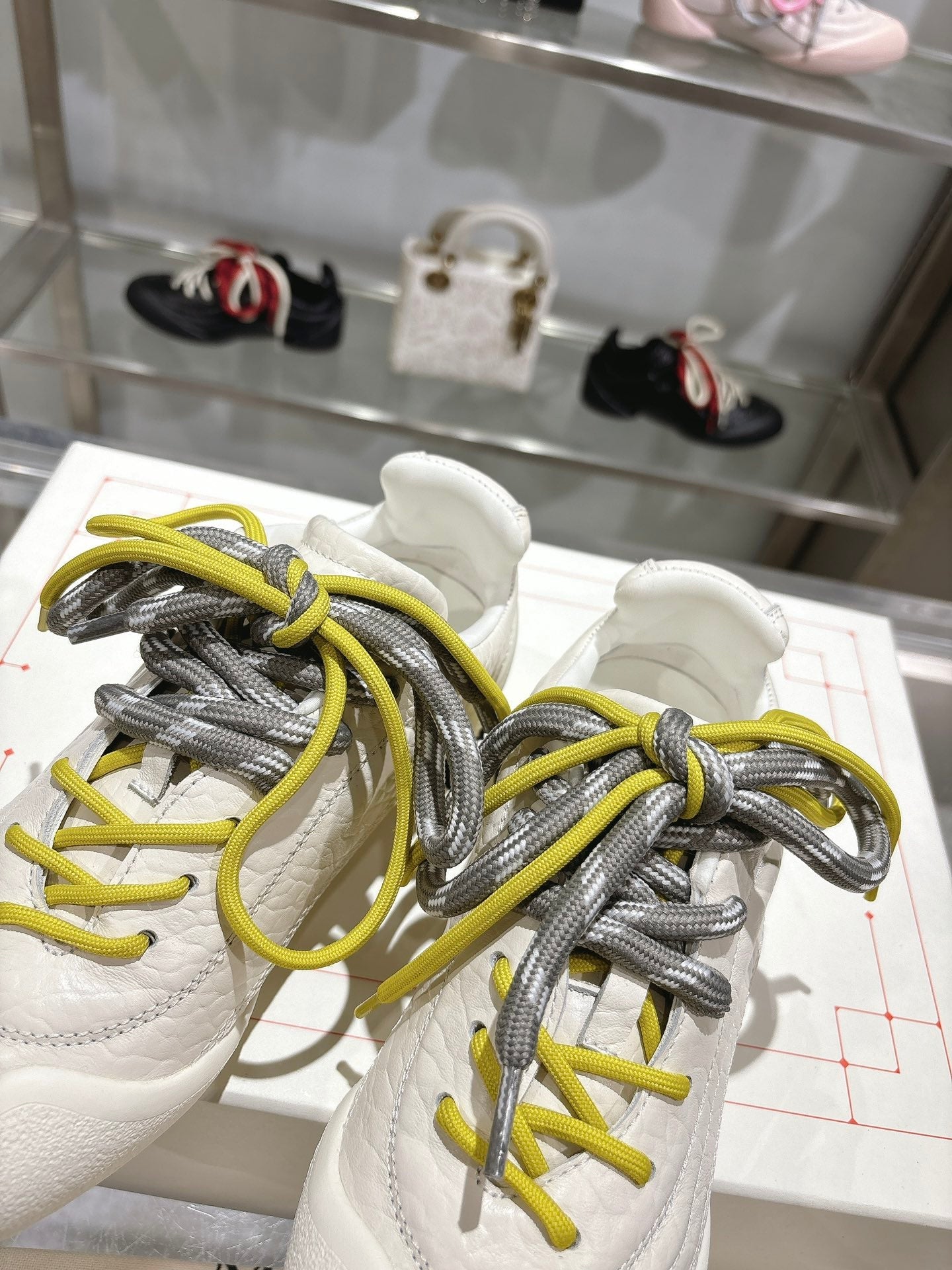 FLEXION SNEAKER IN OFF WHITE CALFSKIN WITH NEON YELLOW AND GREY LACES