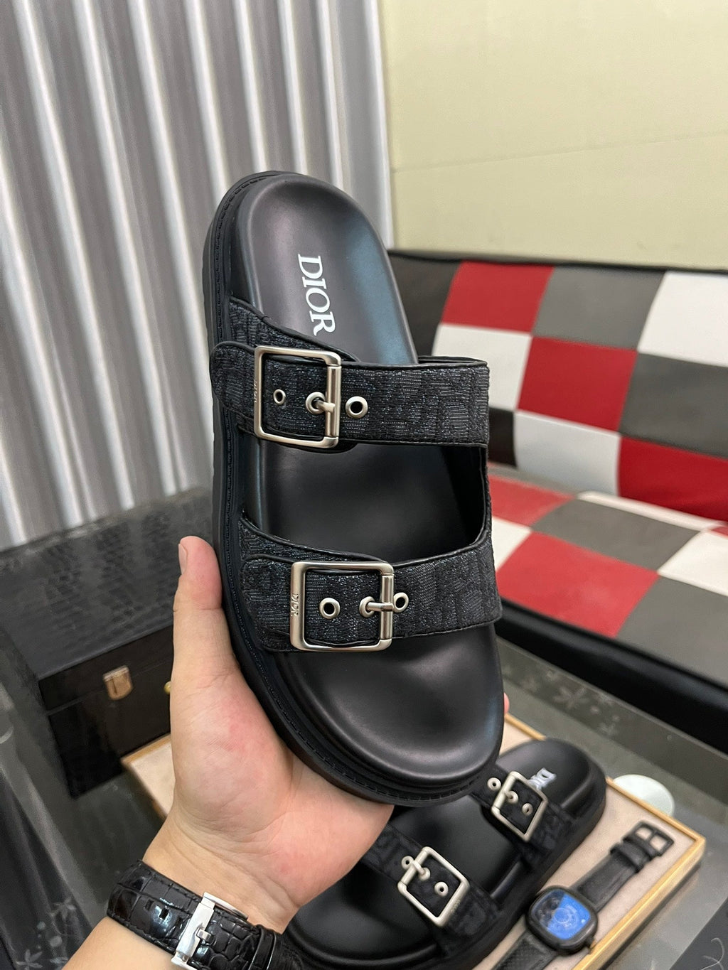 CD AQUA BUCKLE SANDAL BLACK JACQUARD