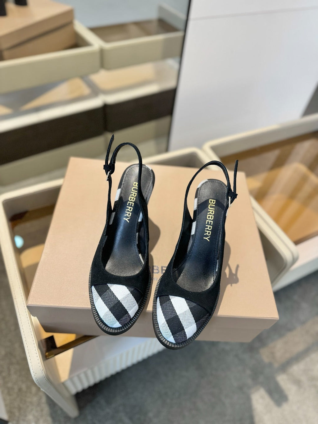 BURBERRY 26S VINTAGE CHECK TOE SLINGBACK BLOCK HEELS 95MM IN BLACK SUEDE