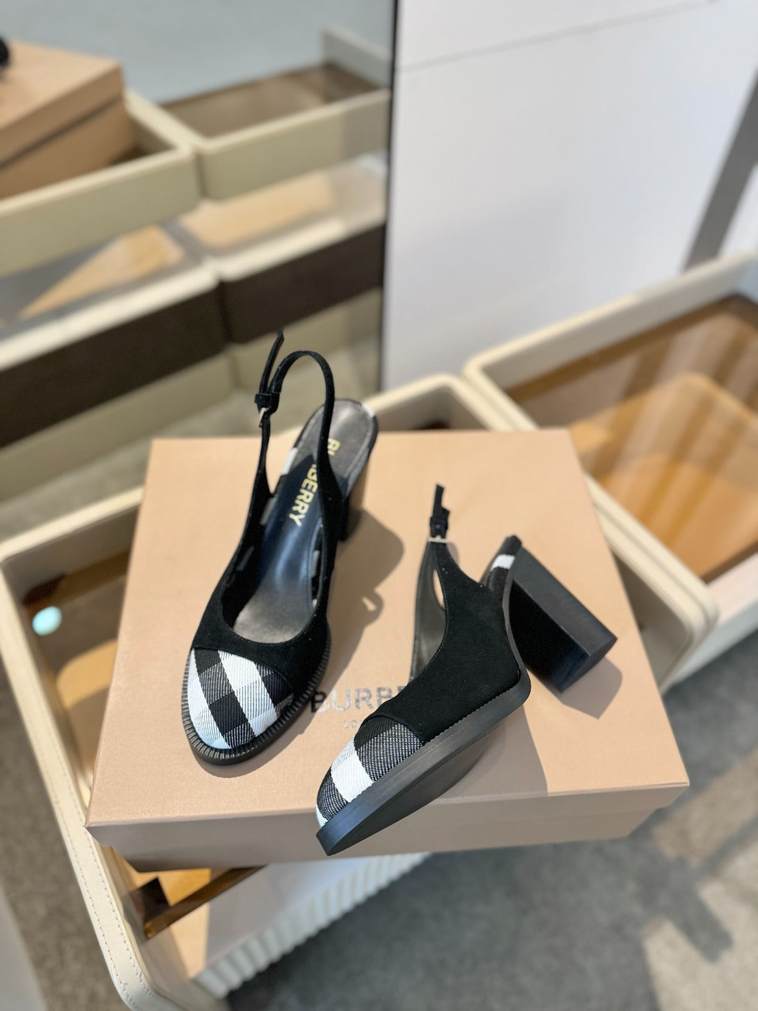 BURBERRY 26S VINTAGE CHECK TOE SLINGBACK BLOCK HEELS 95MM IN BLACK SUEDE