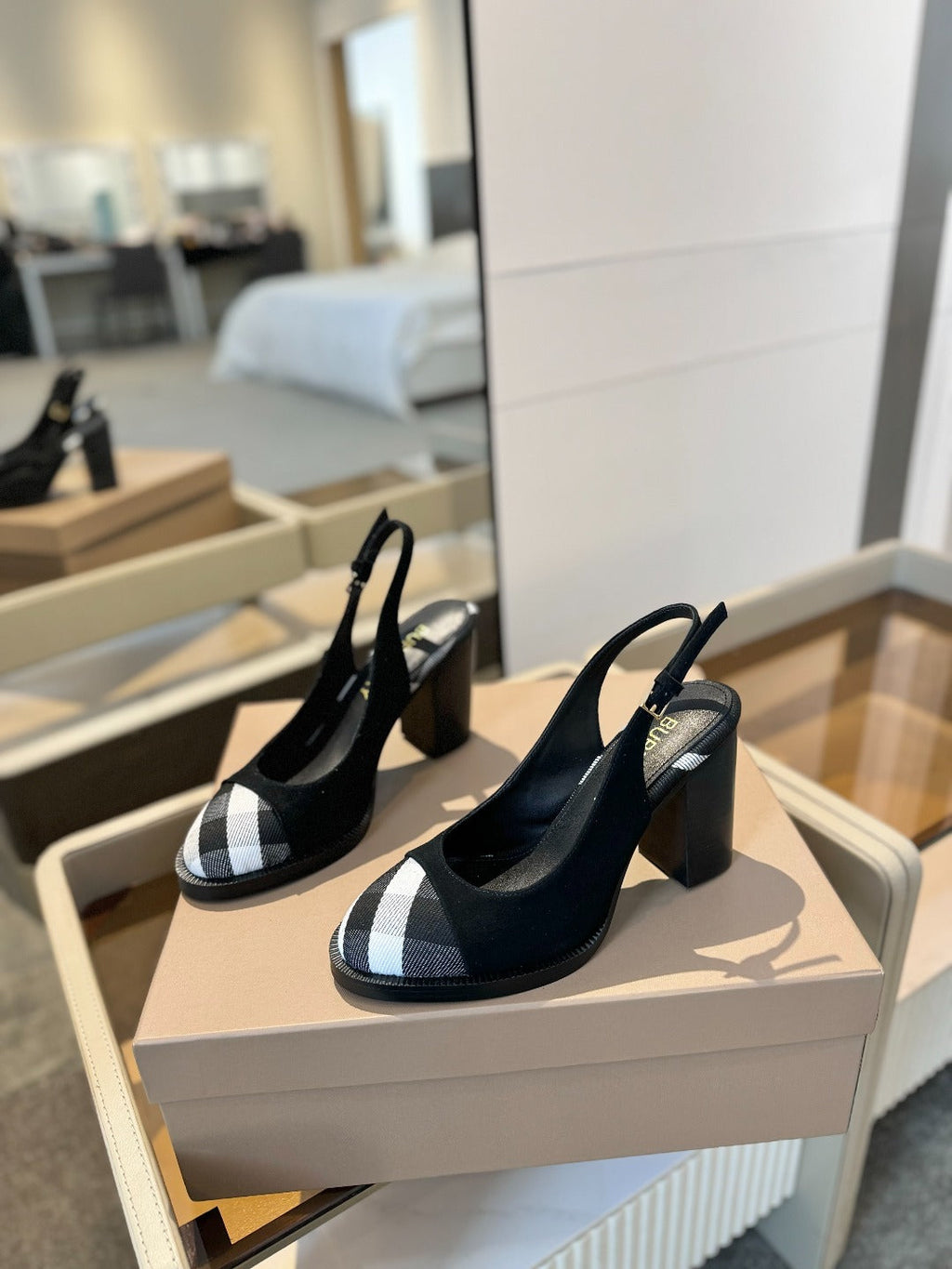 BURBERRY 26S VINTAGE CHECK TOE SLINGBACK BLOCK HEELS 95MM IN BLACK SUEDE