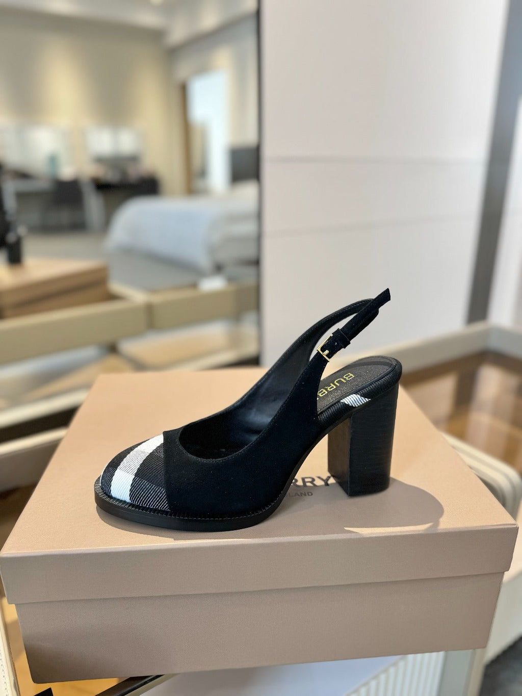 BURBERRY 26S VINTAGE CHECK TOE SLINGBACK BLOCK HEELS 95MM IN BLACK SUEDE